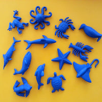Blue swordfish, shark, seal, seahorse, starfish, stingray, lobster, crab, octopus, frog, dolphin, whale, penguin and turtle.