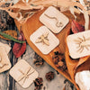 wooden stampers showing dragonfly, bee, worm, spider and snail