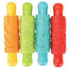 red, blue, green and yellow rolling pins with Christmas designs