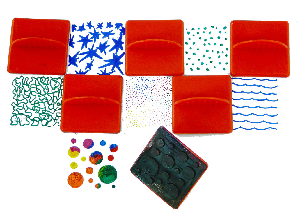 paint stampers shown with painted patterns