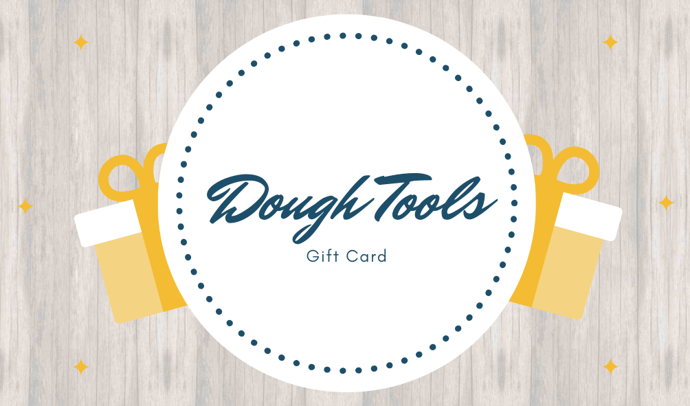 Dough Tools Gift card. Wooden-style background picture with yellow gift boxes.