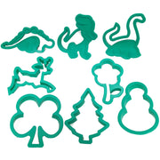 dinosaur and christmas-themed cookie cutters