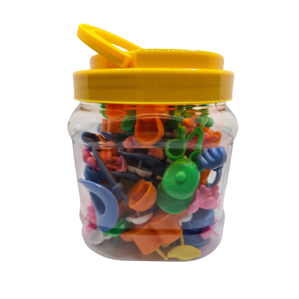 jar with pieces inside, yellow lid