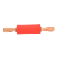 red silicone rolling pin with wooden handles
