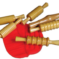 6 lacquered wooden rolling pins with red playdough