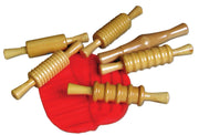 6 lacquered wooden rolling pins with red playdough