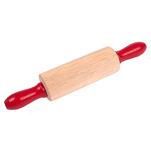 wooden rolling pin with red handles